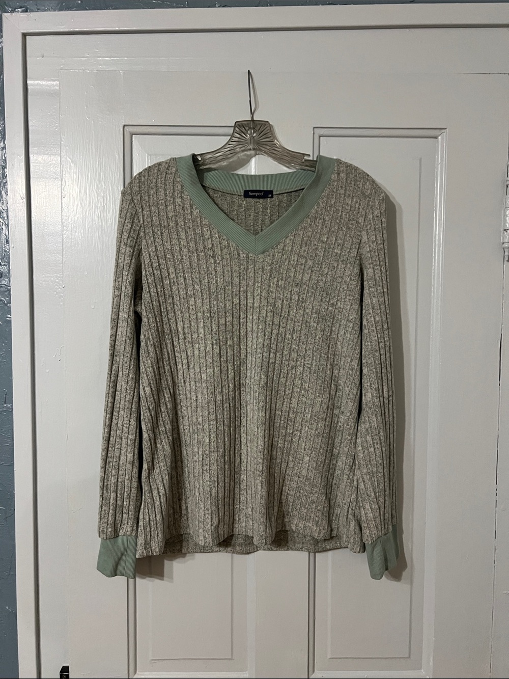 Light Sage Ribbed V-Neck Women's Sweater